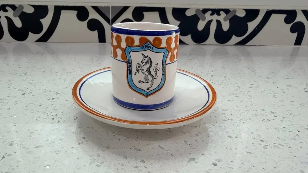 Vintage Siena Italy Espresso Cup Saucer Majolica Unicorn Orange Blue